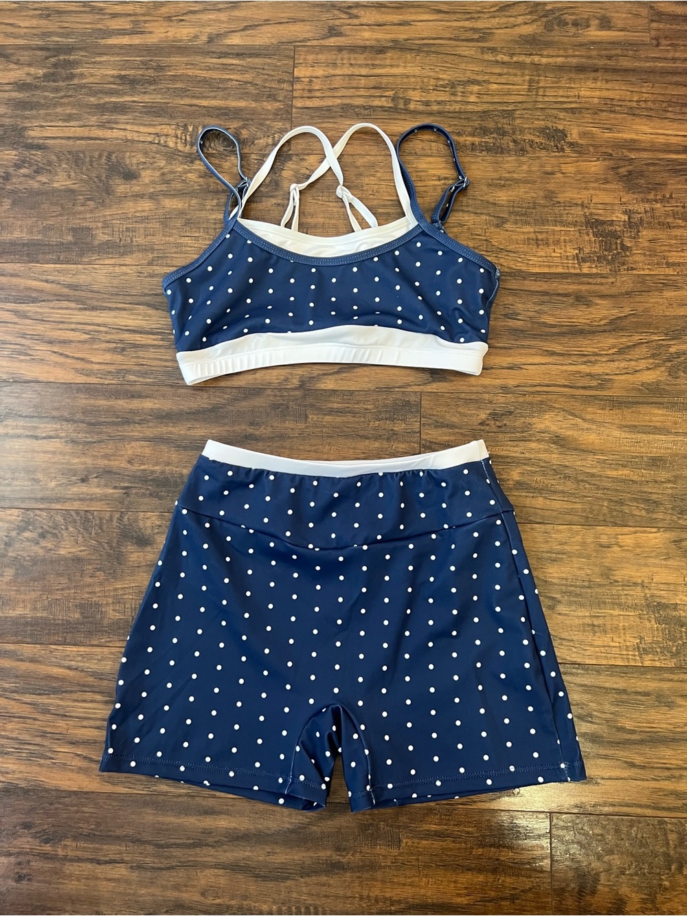 SHEIN Navy Polka Dot Bralette & Bike Short Set with White Trim
